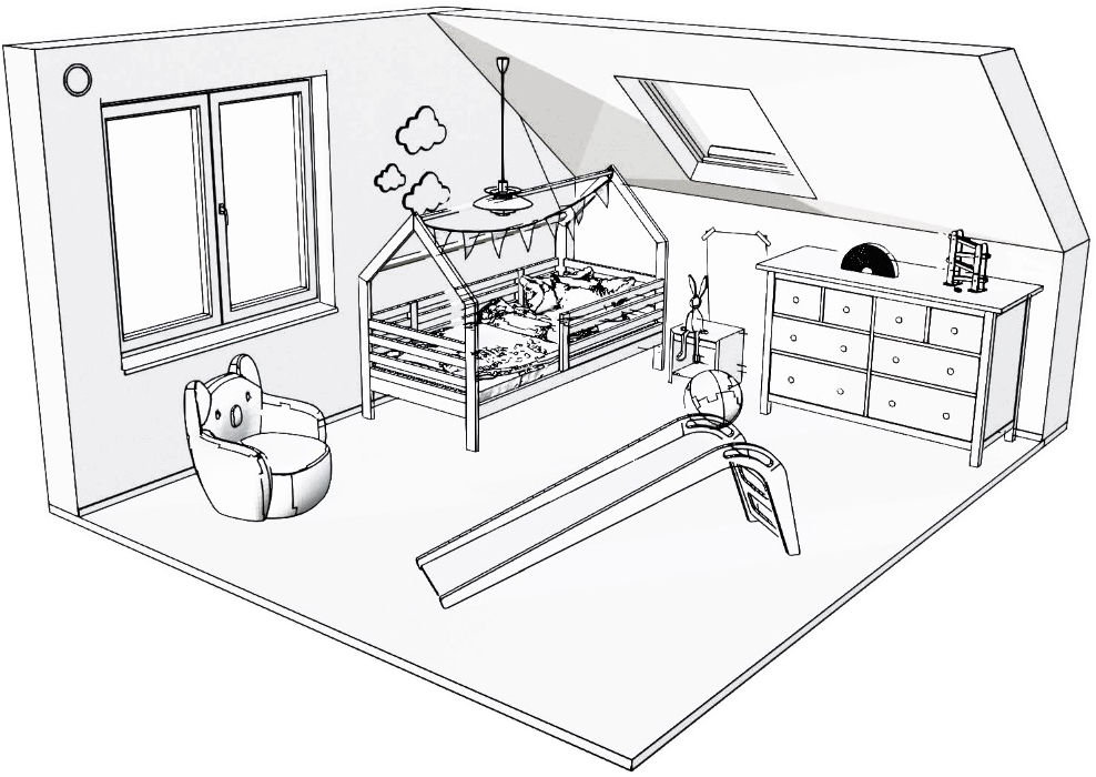 Skizze eines Raumes zur Veranschaulichung von Wohngesundheit